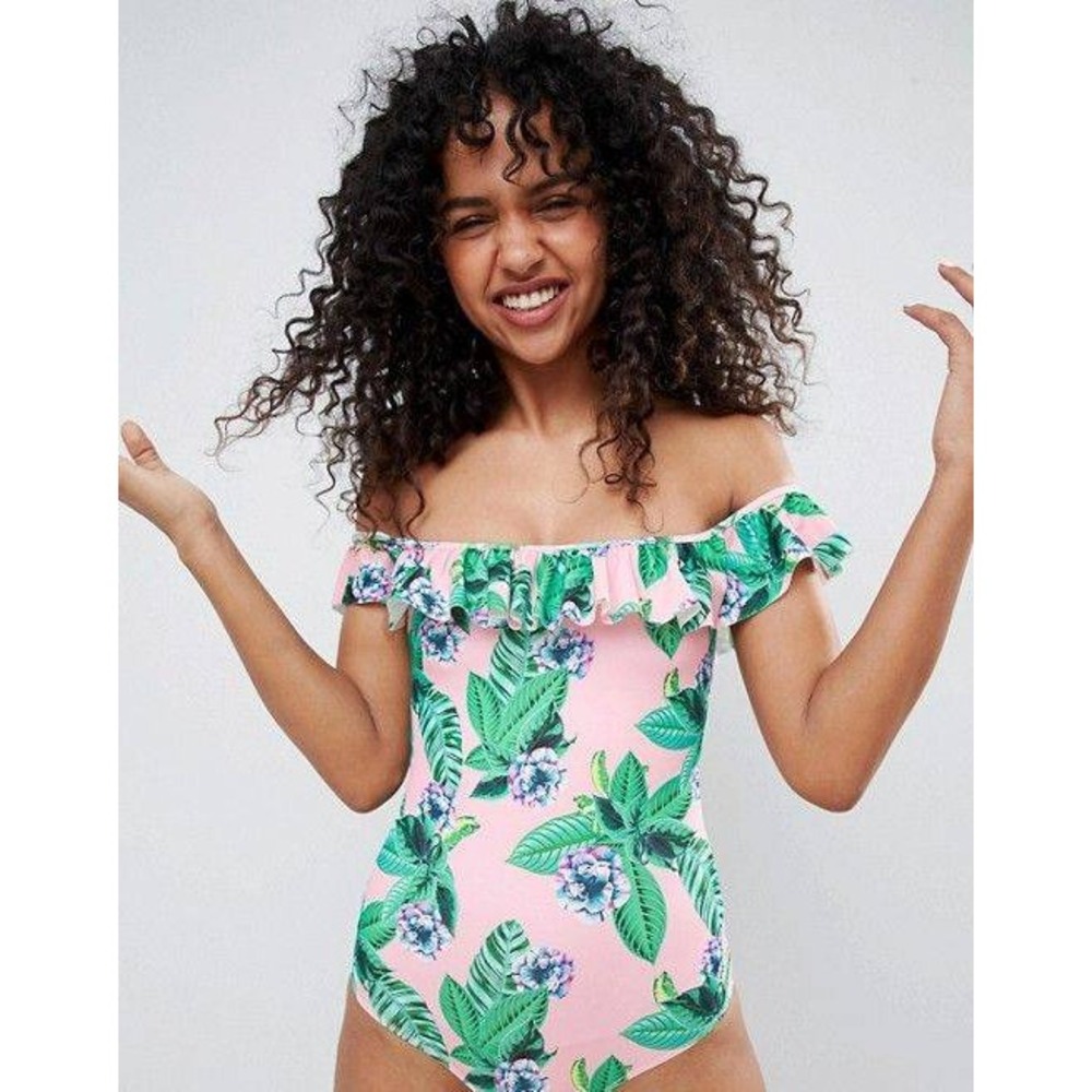 ASOS One Piece Swimsuit M Tropical‎ Floral Ruffle Off Shoulder Pink Bathing Suit